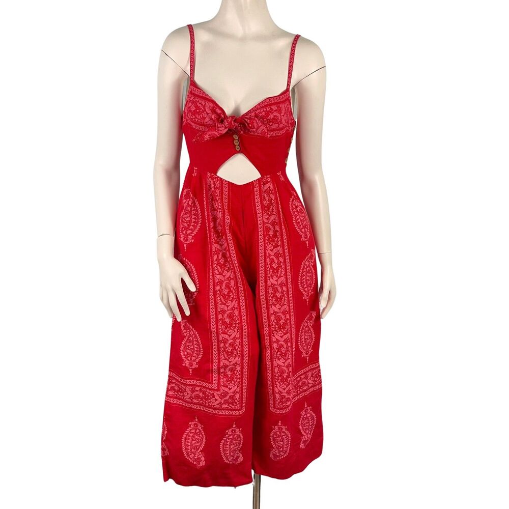 Free People Linen Blend Wide Leg Jumpsuit 0 Red Paisley Cottage Boho Festival - Picture 1 of 15